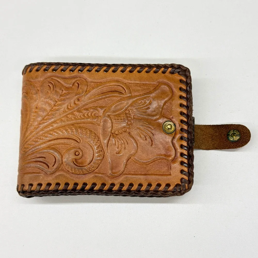 Vtg Joo-Kay Real Leather Tooled Floral Bifold Wallet Western Whipstitch Brown